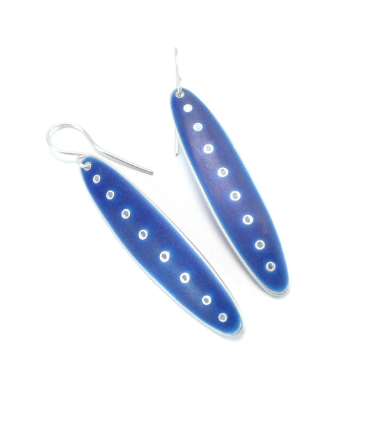 Slender Lozenge, Silver & Mid-Grey Blue Enamel Earrings