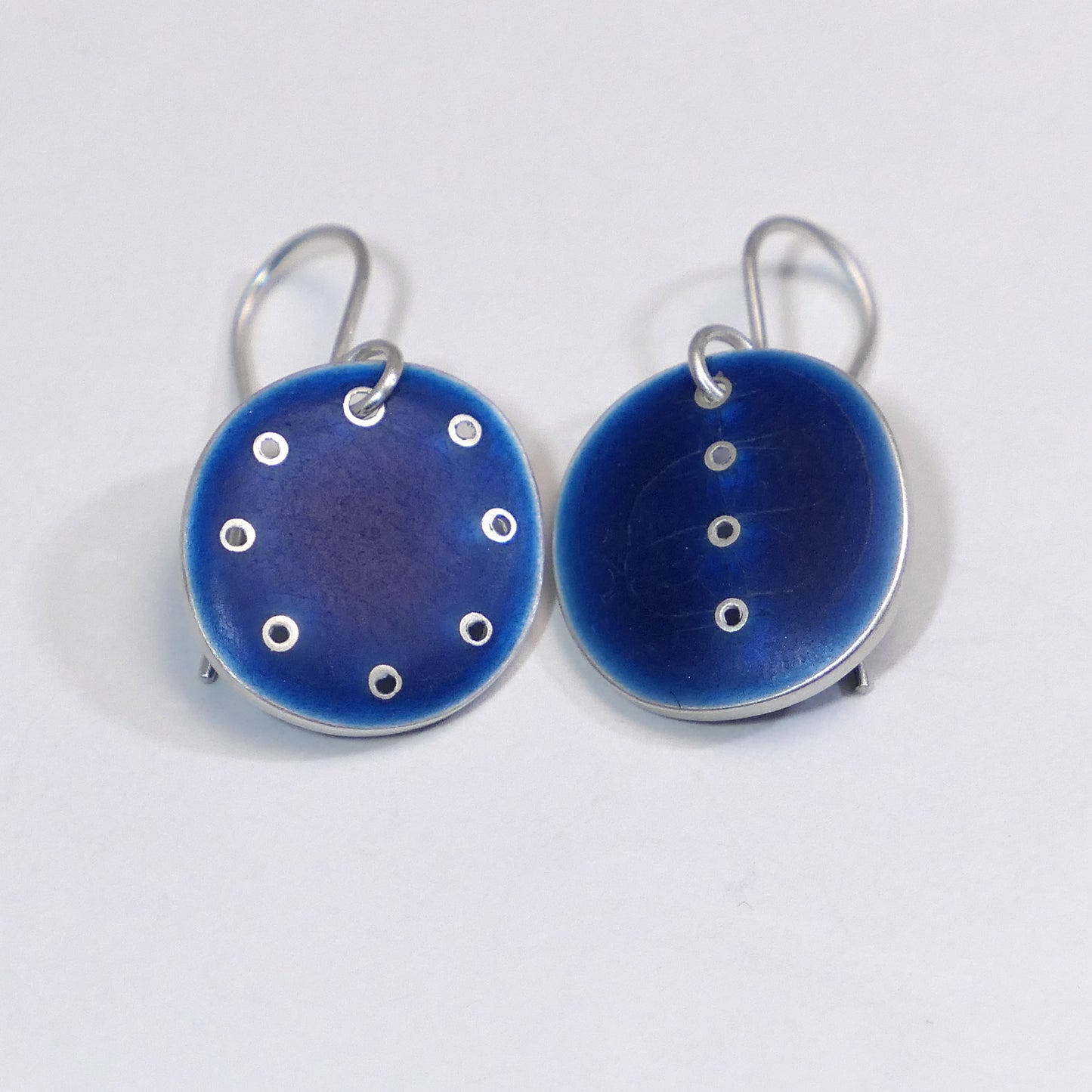 Mid-grey blue enamel earrings 'Honesty' range, odd pair