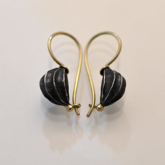 Fat seed pod earrings, oxidised silver with 18ct Gold wire