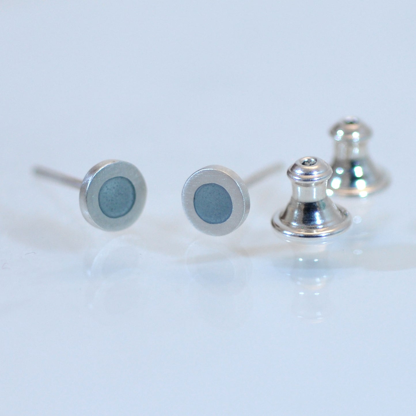Tiny Round silver and enamel ear studs, this colour mouse grey