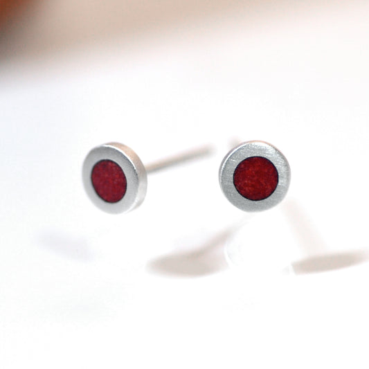 Tiny Round silver and vitreous enamel stud earrings, colour red