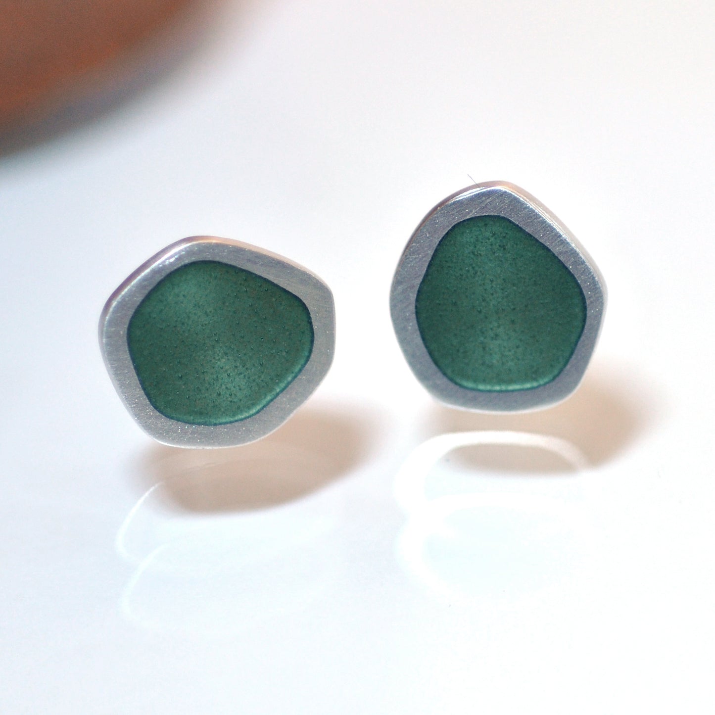 ‘Flat-Boulder’ sterling silver and green-grey vitreous enamel ear studs