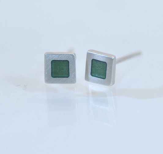 Tiny sterling silver square ear- studs, green grey