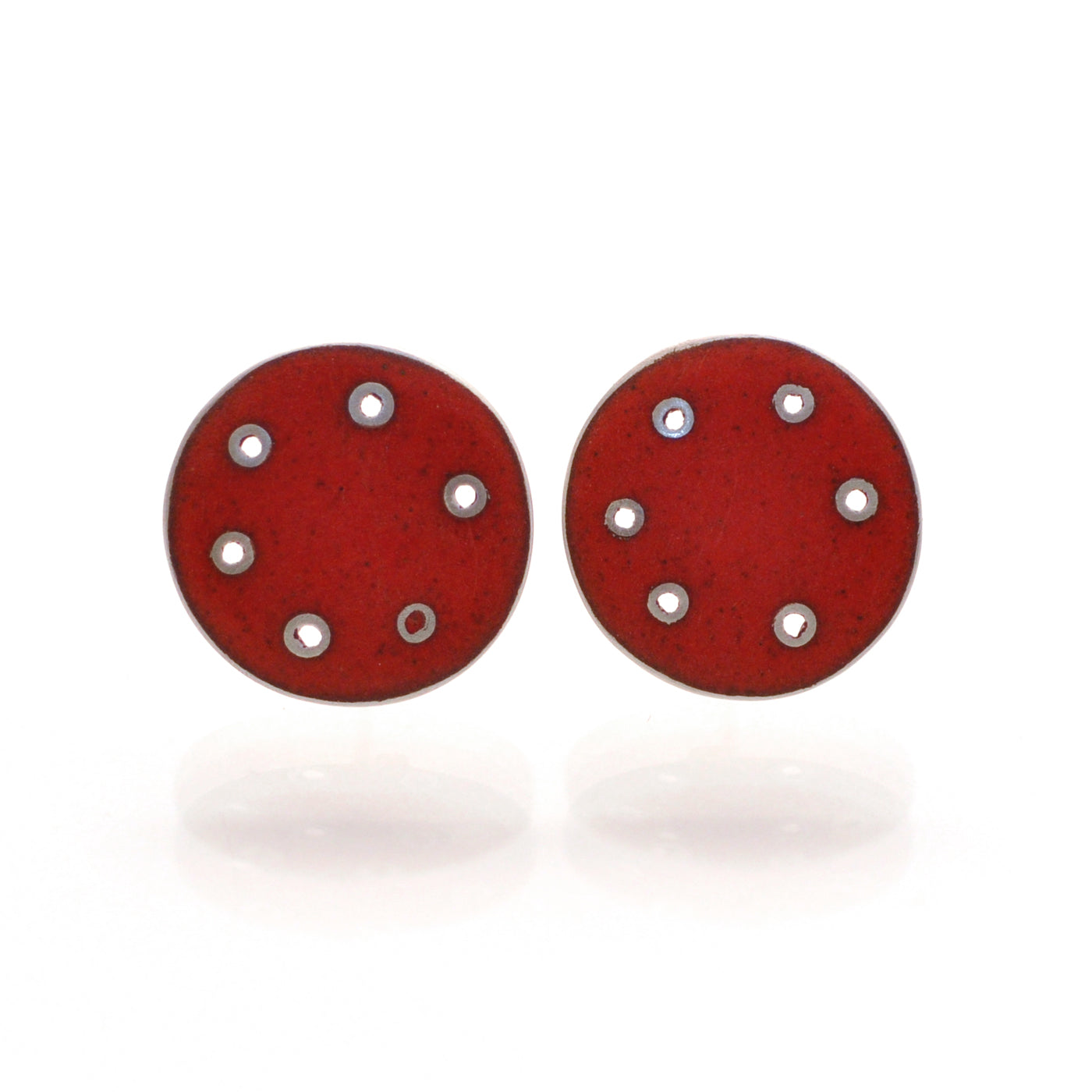 Red enamel and silver stud earring for pierced ears. Large scroll on the back for easy use and secure fastening 