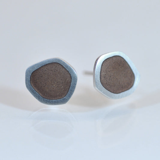 ‘Flat - Boulder’ ear studs. Sterling silver and vitreous enamel, brown