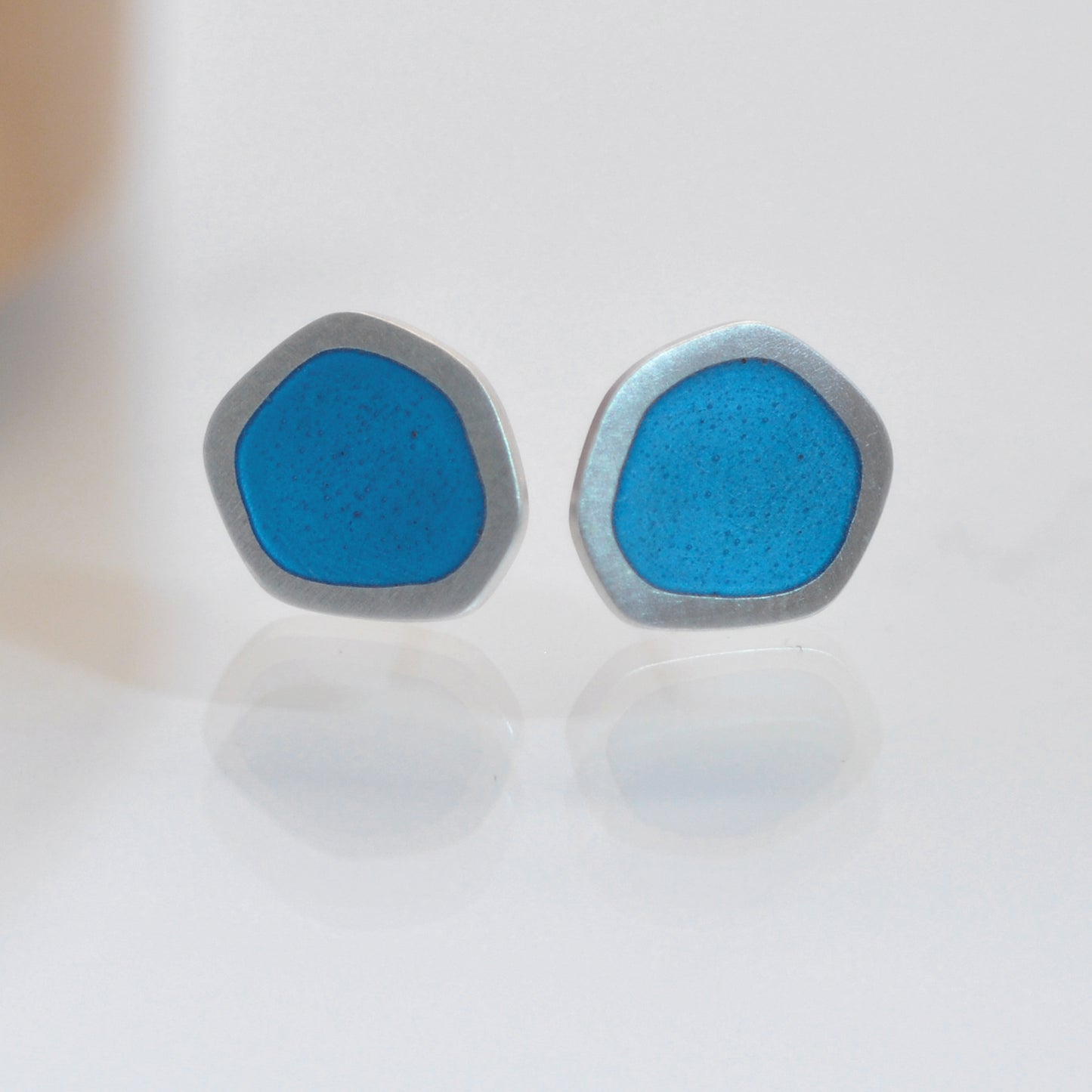 ‘Flat-boulder’ ear-stud, silver and blue turquoise vitreous enamel