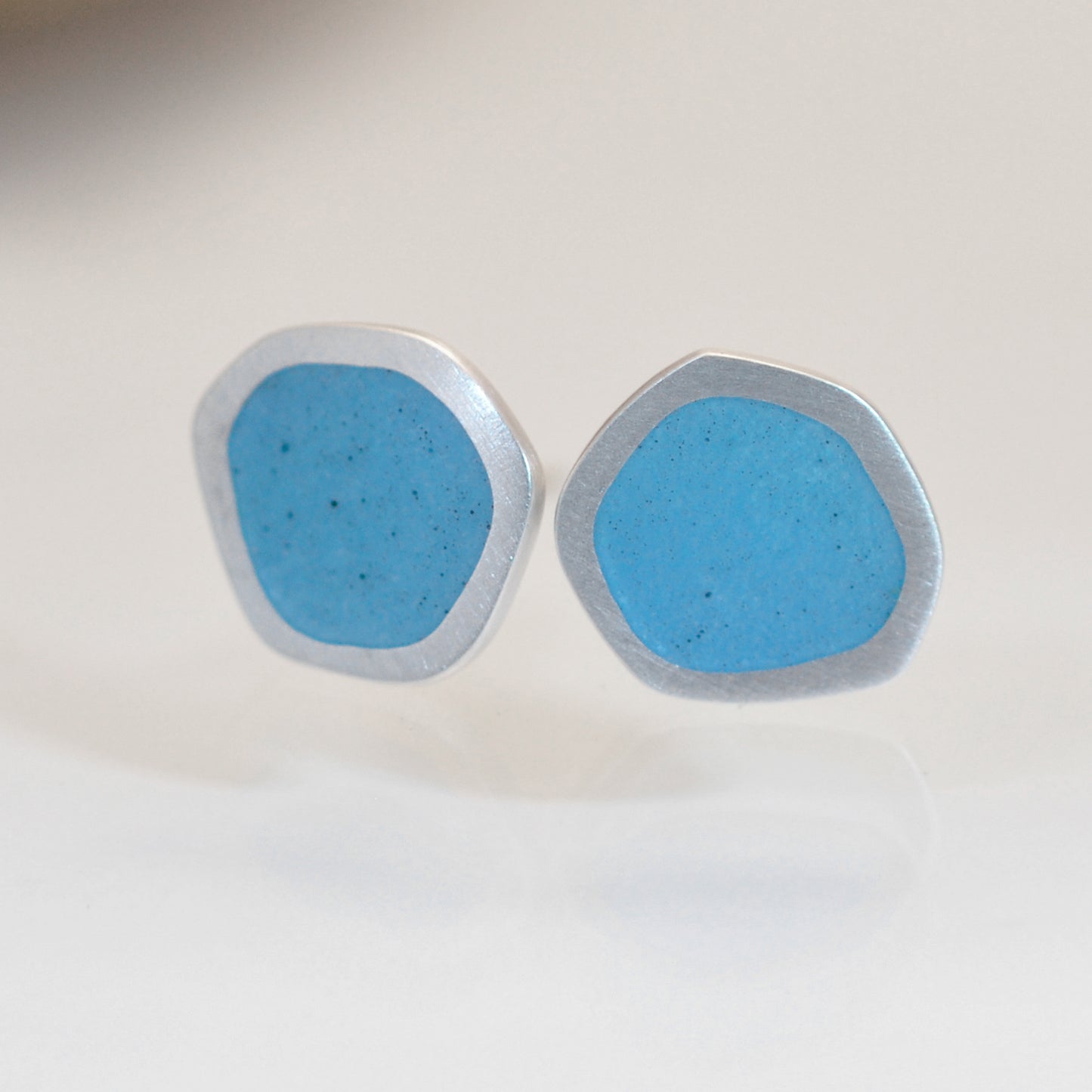 ‘Flat-boulder’ ear studs, silver and light-blue turquoise vitreous enamel
