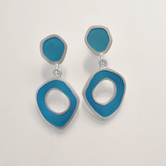 NEW ‘Flat-Boulder’ stud-drop. Blue turquoise enamel & sterling silver earrings