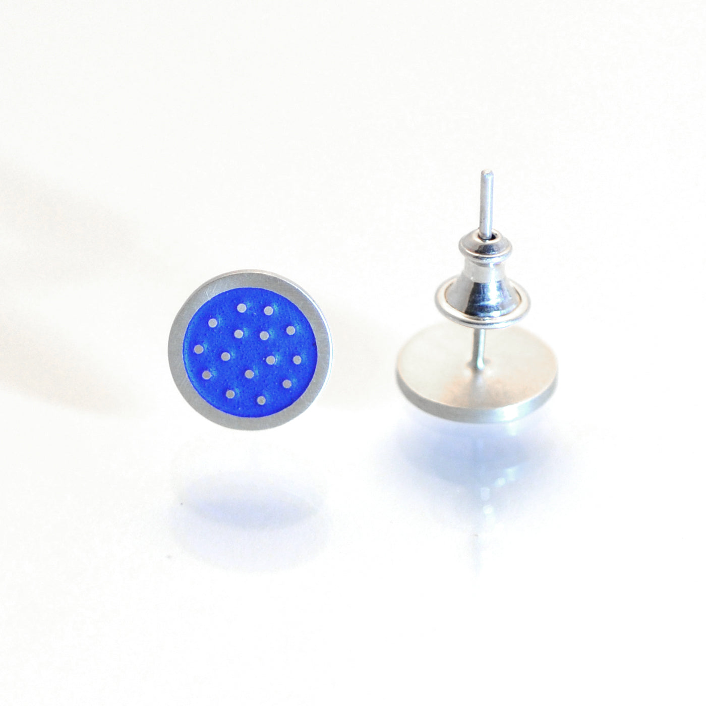 Dotty silver and enamelled earrings, mid-blue