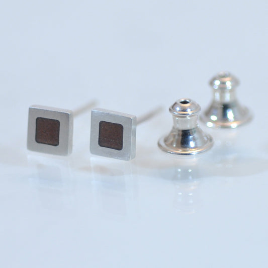 Tiny sterling silver square ear studs, brown