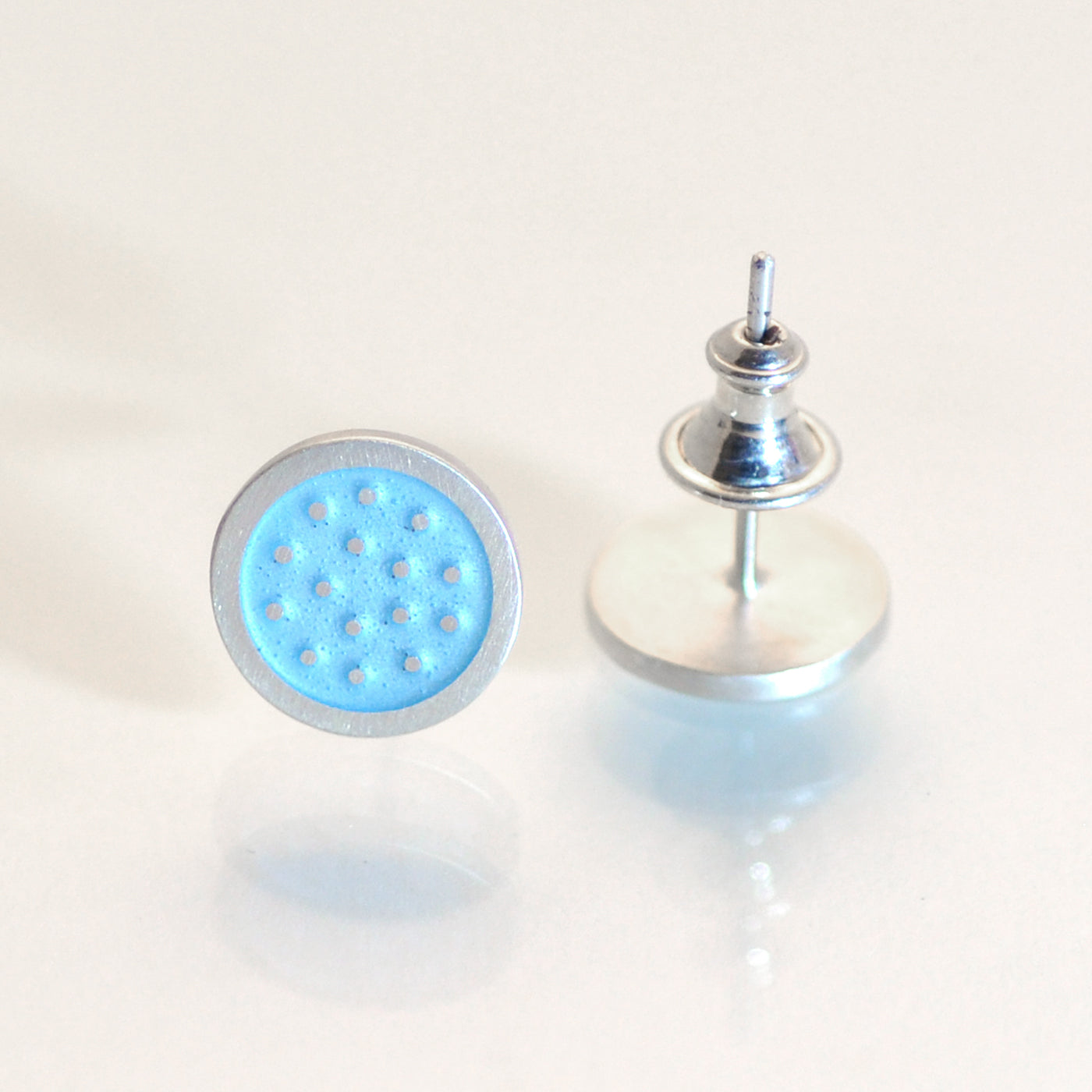 Dotty silver and enamelled ear studs, light blue turquoise
