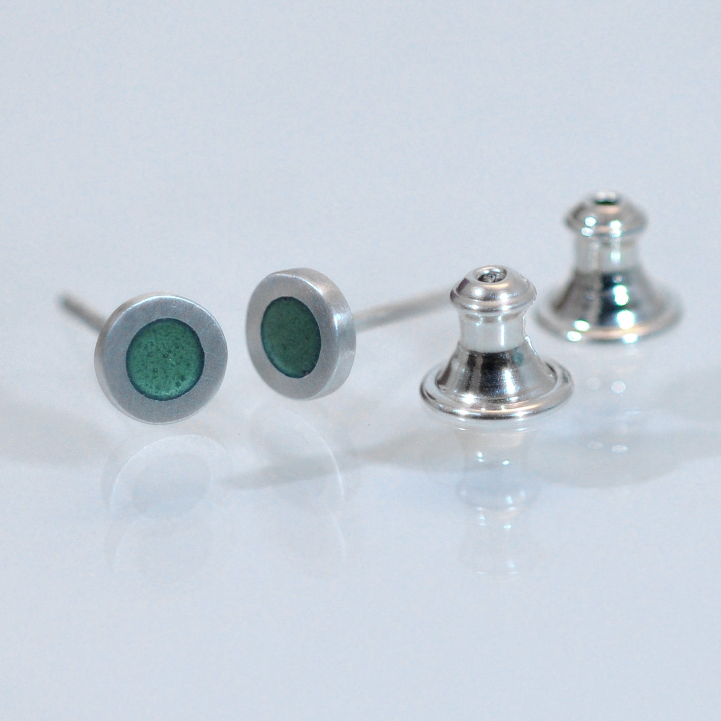 Tiny Round silver and enamel ear-studs, this colour, green grey