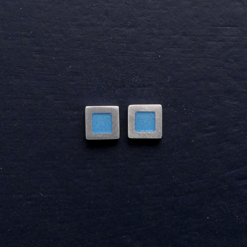 Tiny sterling silver square stud earrings, light blue