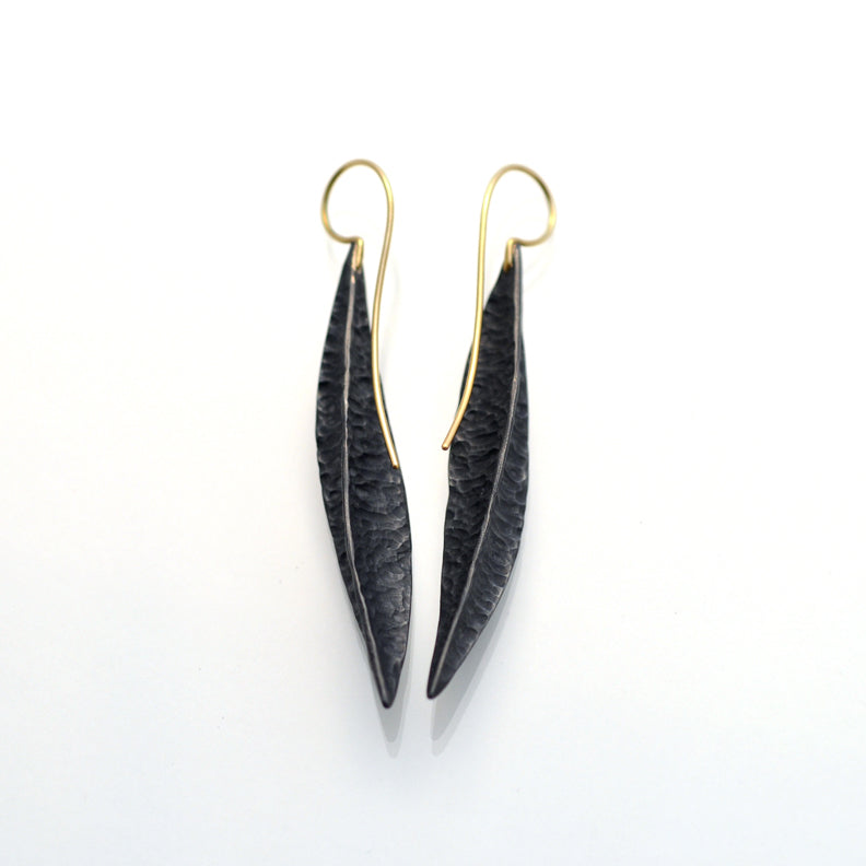 Long oxidised textured seed pod earrings with 18ct yellow gold earwires