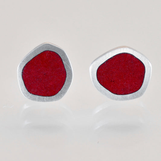 ‘Flat-boulder’ ear-studs, silver and red vitreous enamel