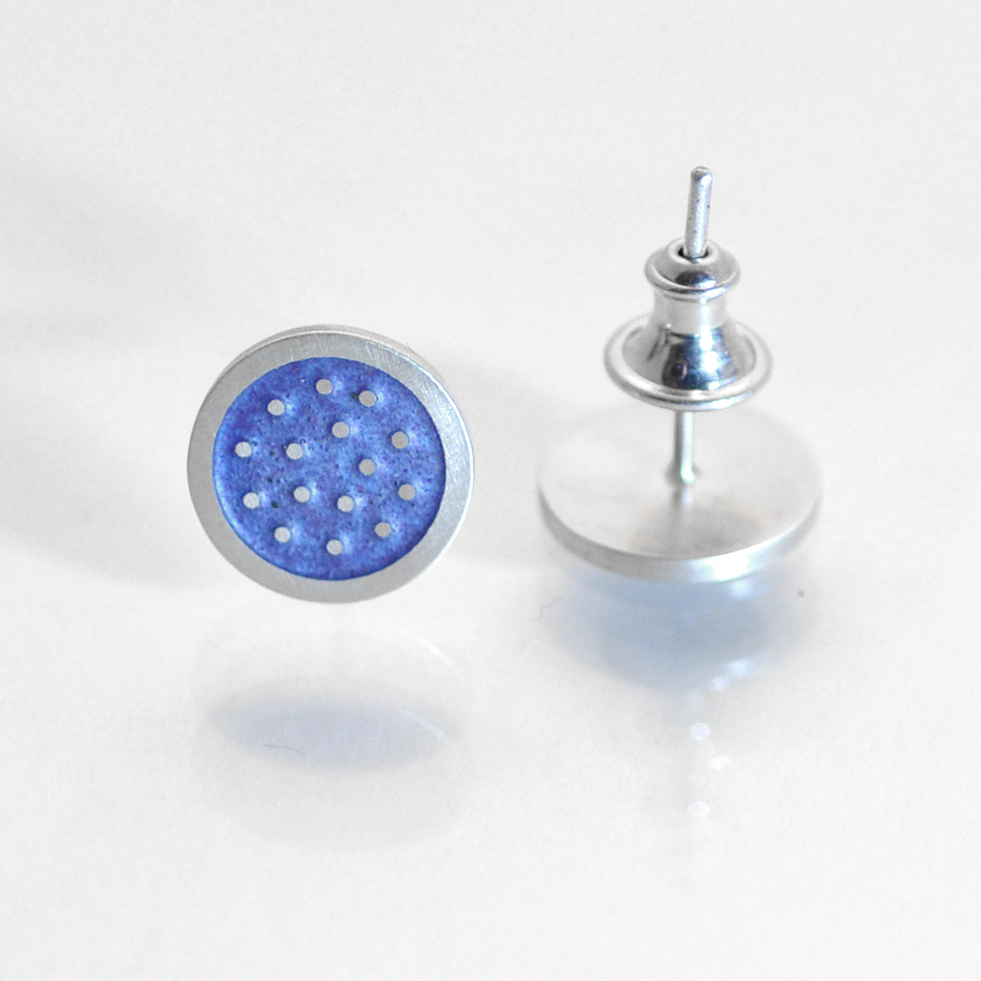 Dotty silver and enamelled ear studs, pale violet blue