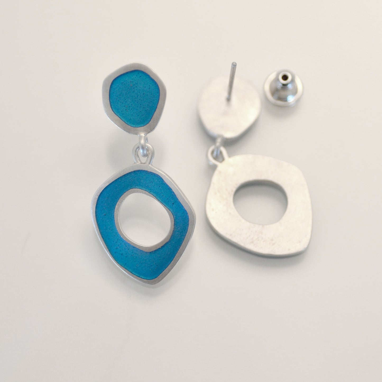 NEW ‘Flat-Boulder’ stud-drop. Blue turquoise enamel & sterling silver earrings