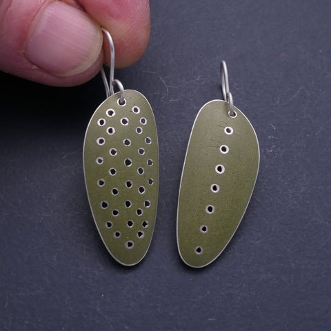 Olive green ‘ stretched-seed’ earrings, odd pair