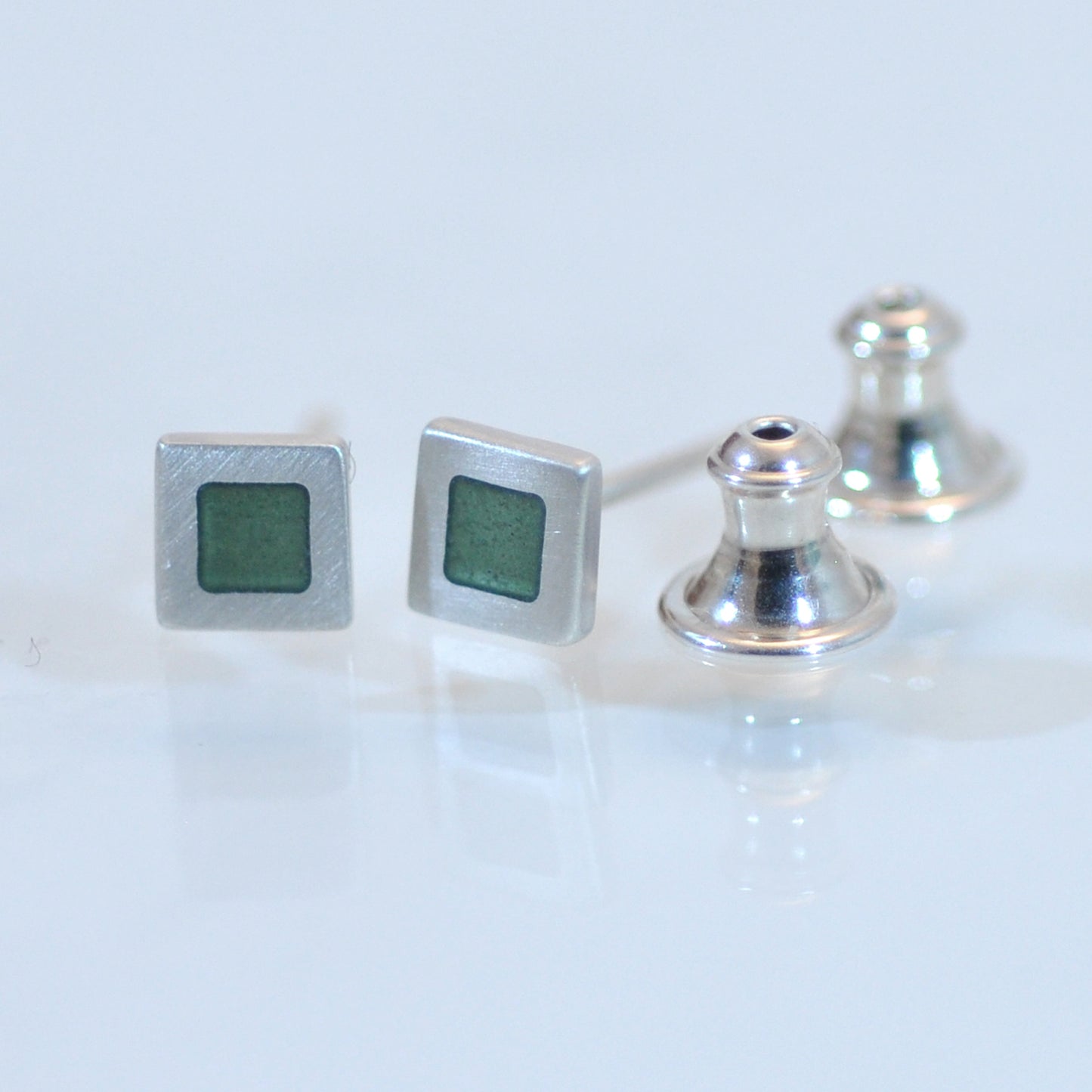 Tiny sterling silver square ear- studs, green grey