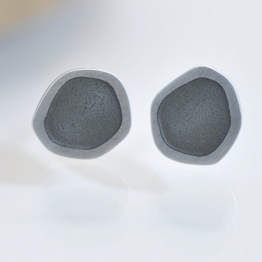 ‘Flat-boulder’ ear-stud, silver and earth-grey vitreous enamel