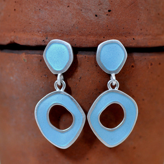 New ‘Flat- Boulder’ stud-drop. Light turquoise blue enamel and sterling silver earrings