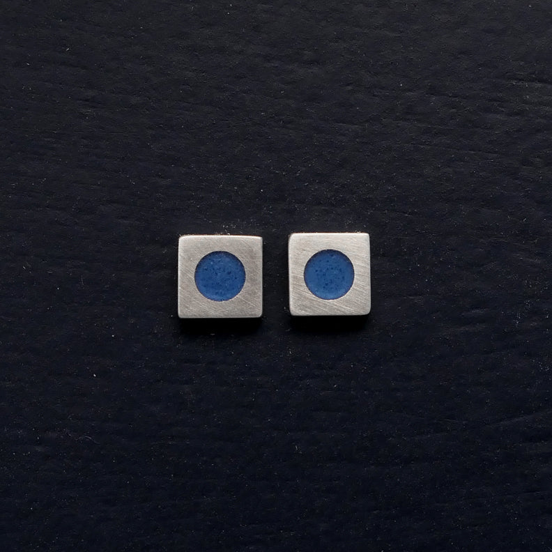 Tiny sterling silver square stud earrings, grey blue
