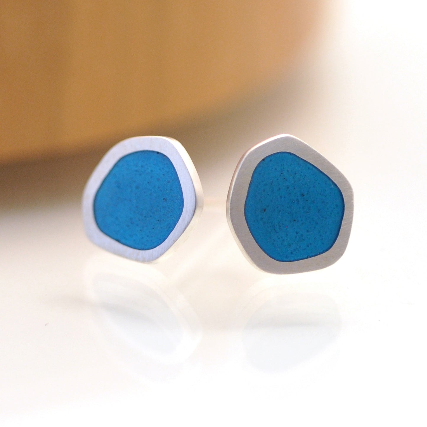 ‘Flat-boulder’ ear-stud, silver and blue turquoise vitreous enamel