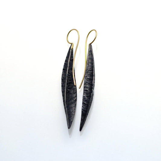 Long oxidised textured seed pod earrings with 18ct yellow gold earwires