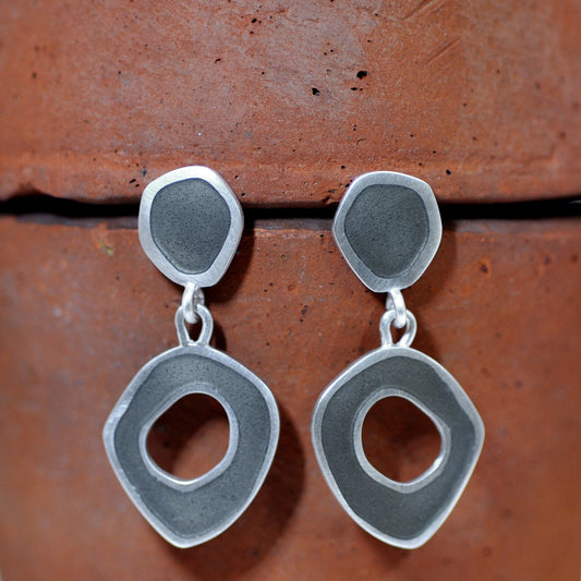 New ‘ Flat- Boulder’ stud-drop. Earth grey enamel and sterling silver earrings