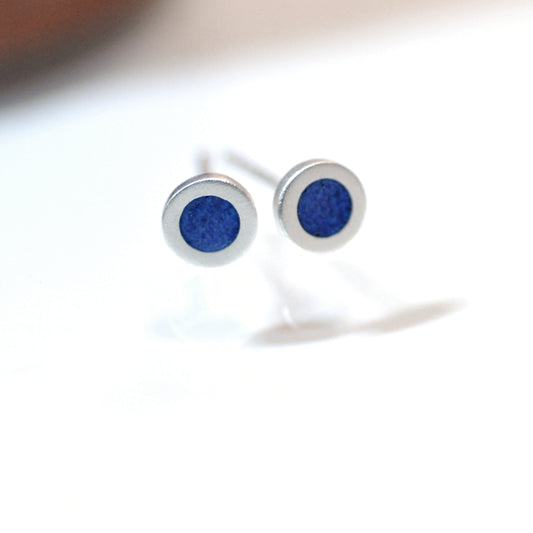 Tiny round sterling silver ear studs with Pale Violet Blue vitreous enamel