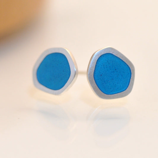 ‘Flat-boulder’ ear-stud, silver and blue turquoise vitreous enamel