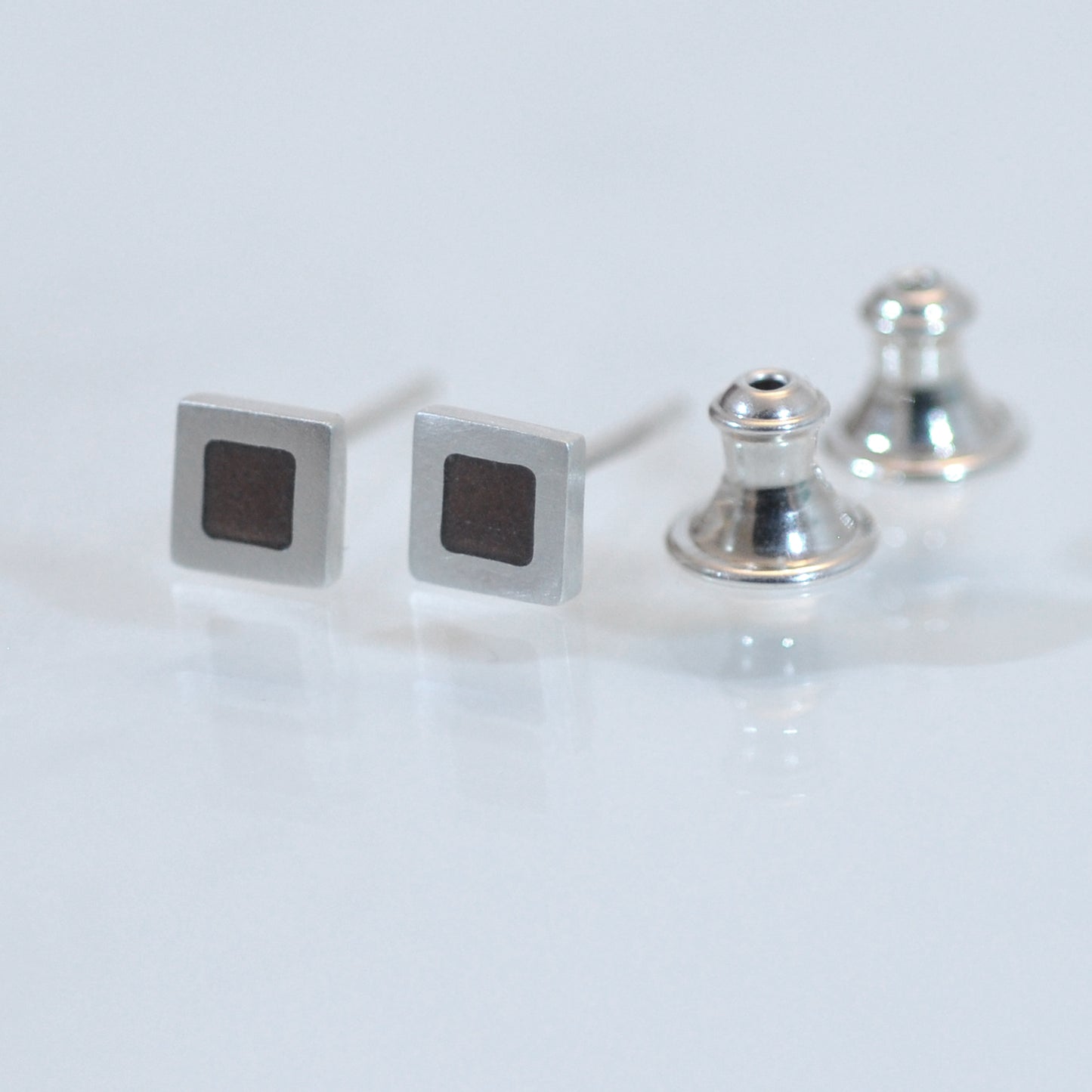Tiny Sterling Silver square ear studs, earth grey