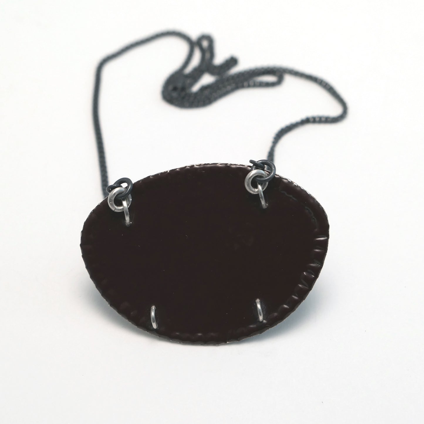 Necklace. Dark chocolate-brown vitreous enamel on silver, with oxidised silver chain